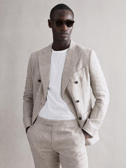 Reiss Blazers | Angel Slim Fit Double Breasted Linen Puppytooth Blazer Oatmeal Melange - Men