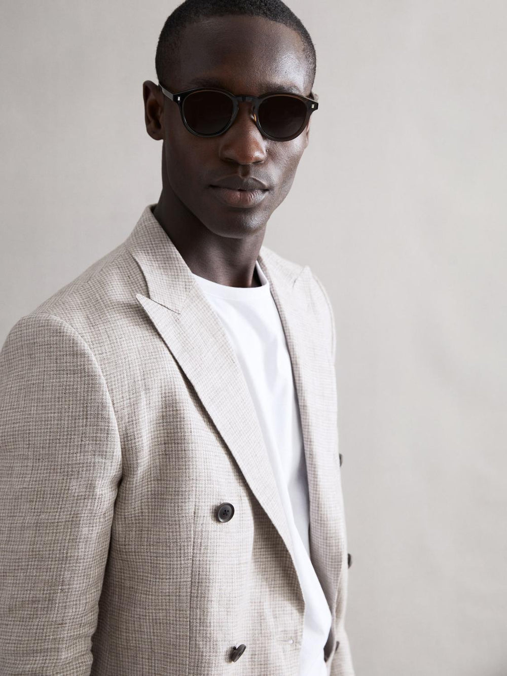 Reiss Blazers | Angel Slim Fit Double Breasted Linen Puppytooth Blazer Oatmeal Melange - Men