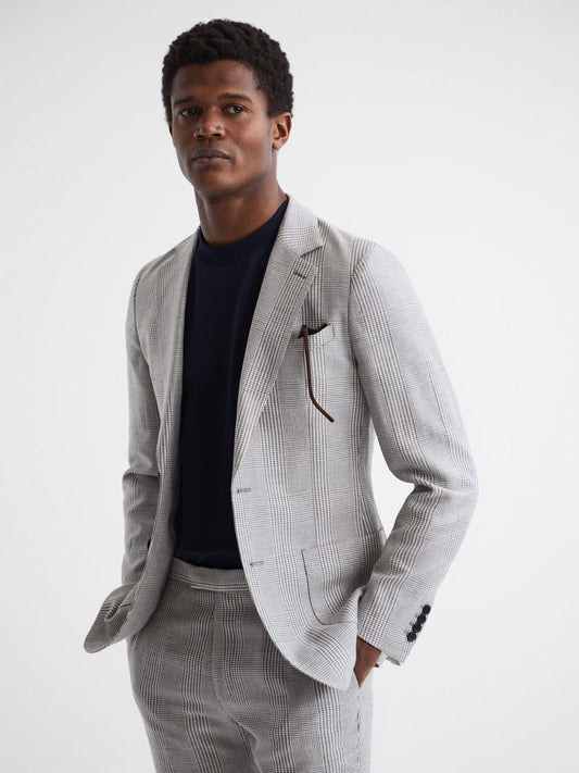 Reiss Blazers | Matinee Single Breasted Prince Of Wales Check Blazer Grey - Men
