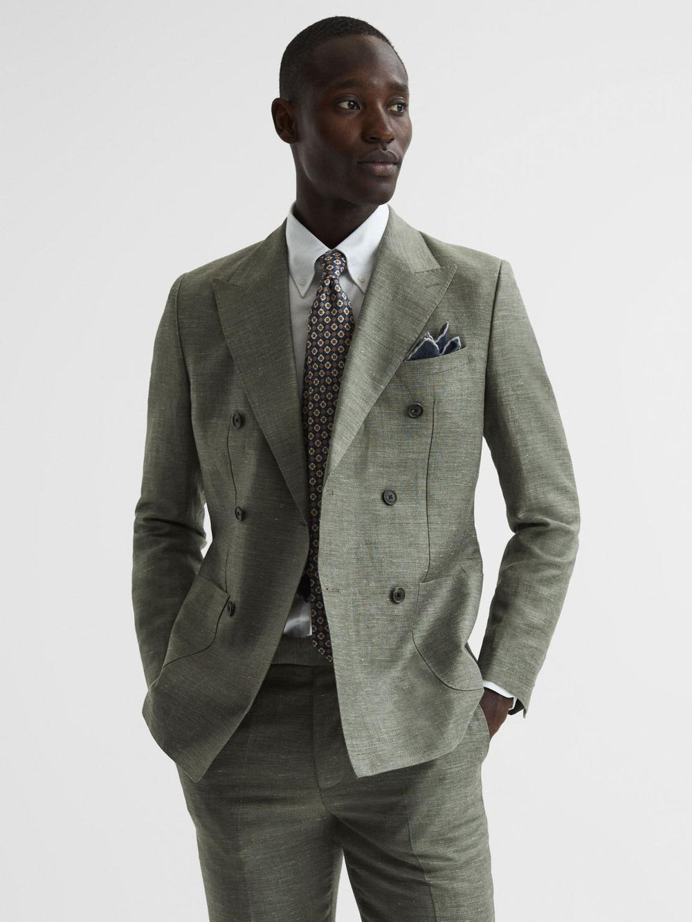 Reiss Blazers | Riva Slim Fit Double Breasted Wool-Linen Blazer Sage - Men