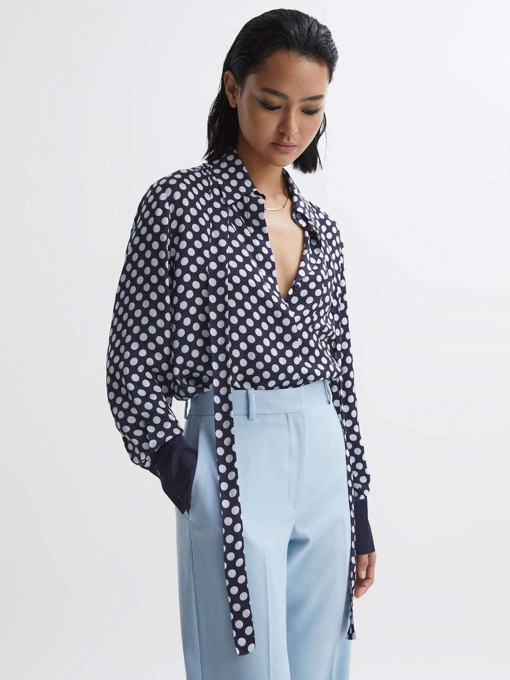 Reiss Blouses & Shirts | Ezra Polka Dot Long Sleeve Neck Tie Blouse Navy/white - Women