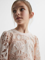 Reiss Co-Ords | Nella Long Sleeve Lace Cropped Top Pink - Children