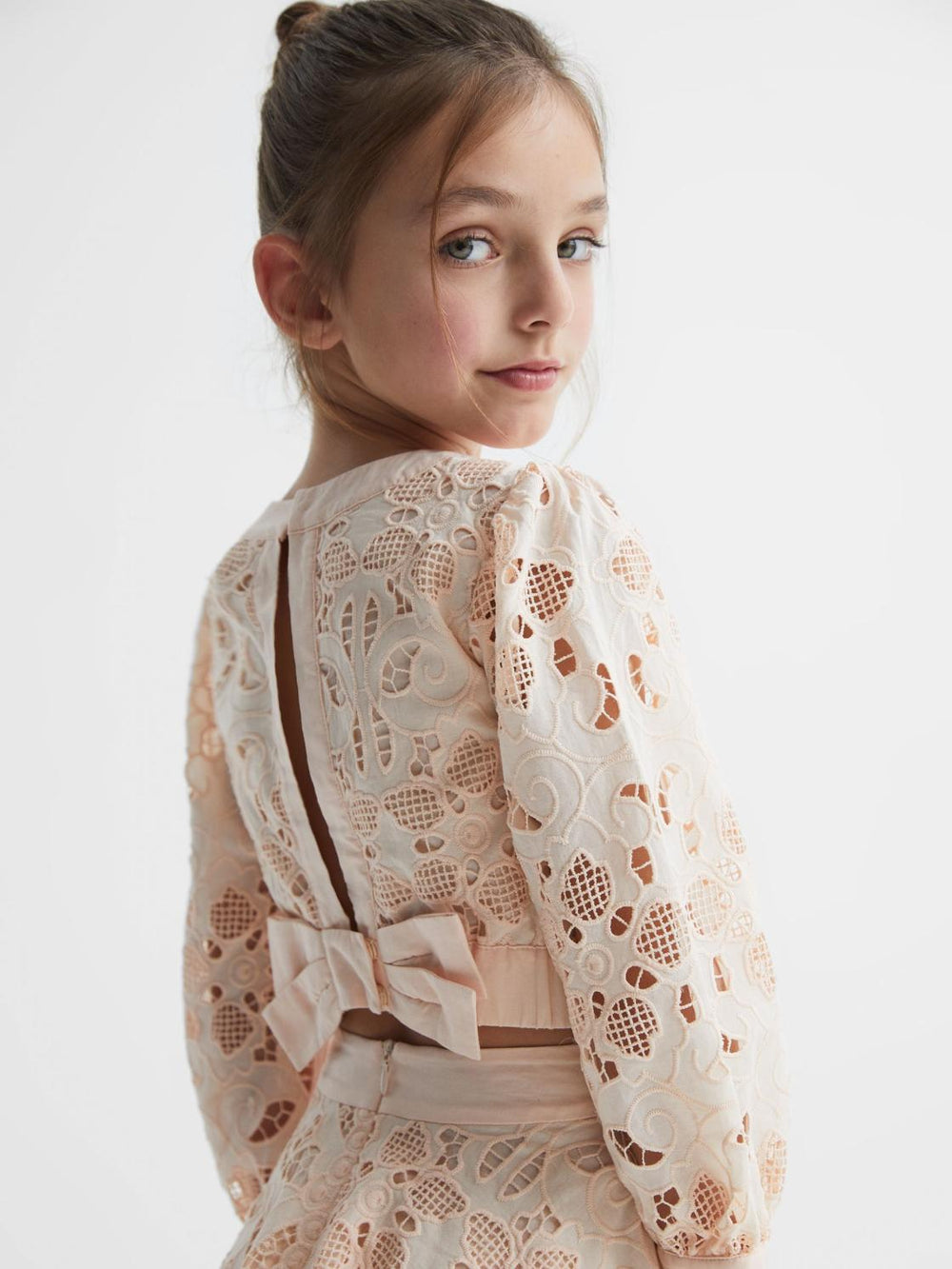 Reiss Co-Ords | Nella Long Sleeve Lace Cropped Top Pink - Children