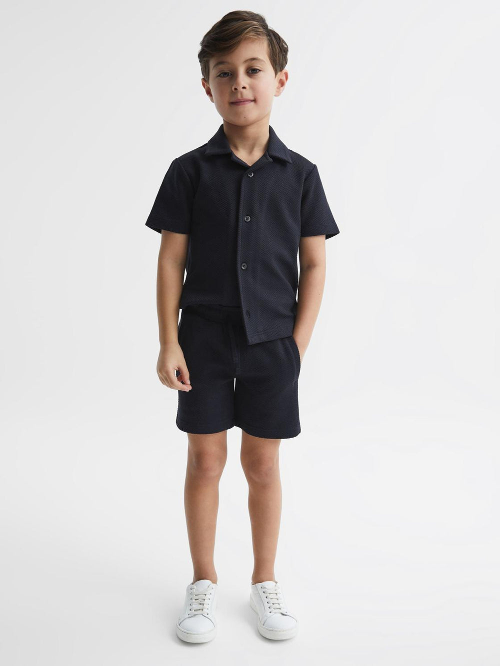 Reiss Co-Ords | Robin Slim Fit Textured Drawstring Shorts Navy - Children