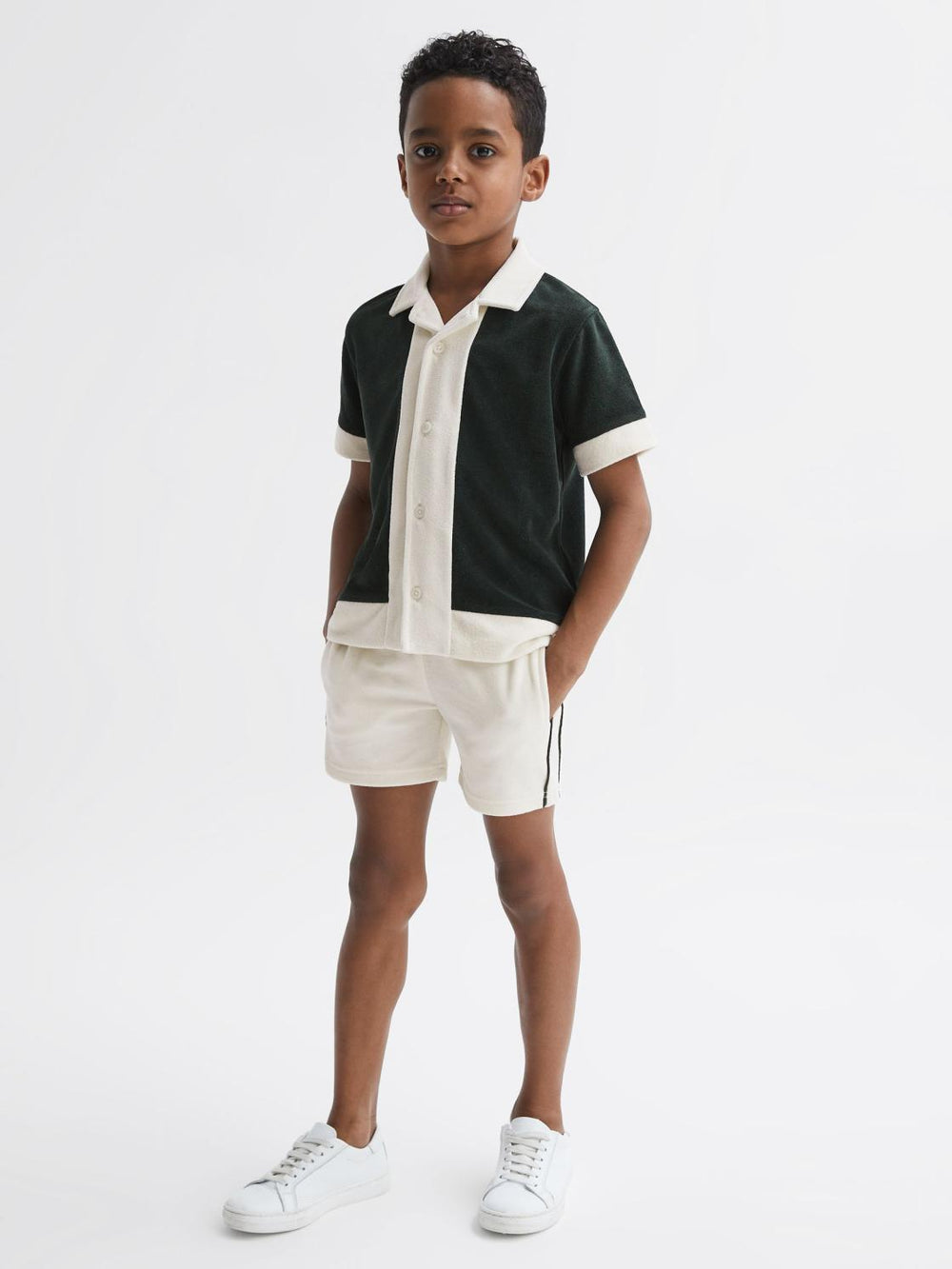 Reiss Co-Ords | Vine Textured Cuban Collar Shirt Green/ecru - Children