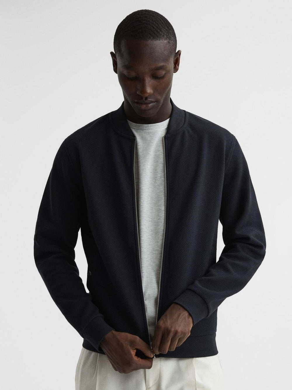 Reiss Coats & Jackets | Bolton Slim Fit Zip Through Textured Jacket Navy - Men