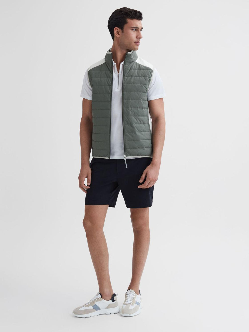 Reiss Coats & Jackets | Clubhouse Funnel Neck Hybrid Quilted Gilet Sage/white - Men