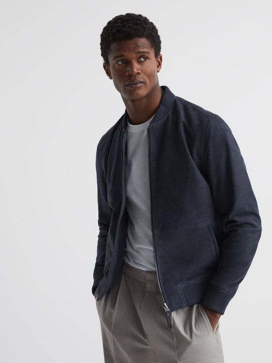 Reiss Coats & Jackets | Dilan Suede Zip Through Bomber Jacket Denim Blue - Men