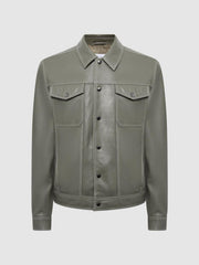 Reiss Coats & Jackets | Gisborne Leather Press Stud Trucker Jacket Sage - Men