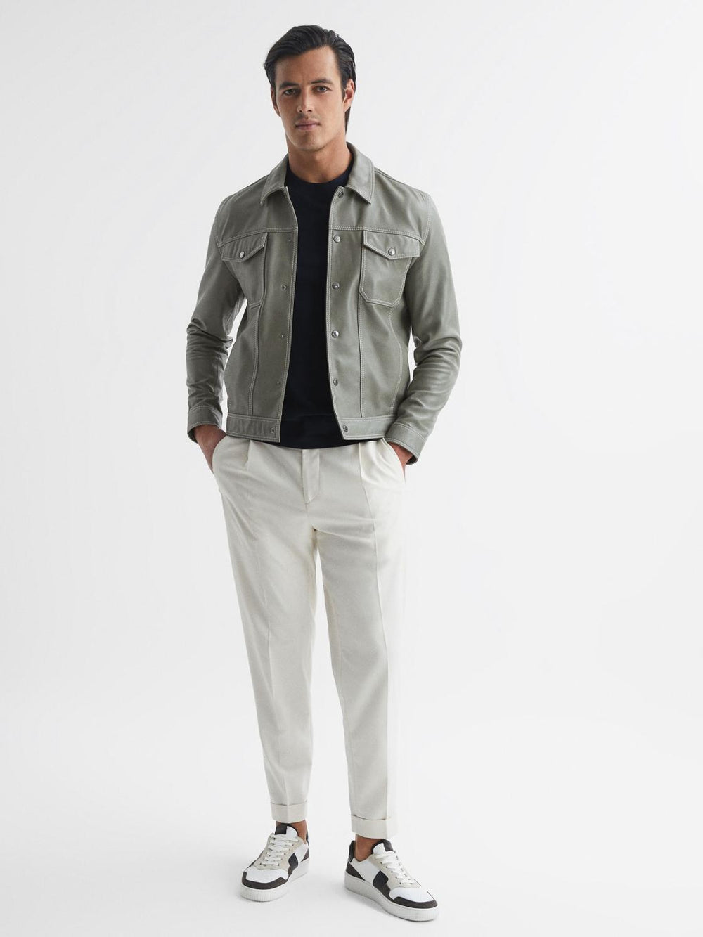 Reiss Coats & Jackets | Gisborne Leather Press Stud Trucker Jacket Sage - Men