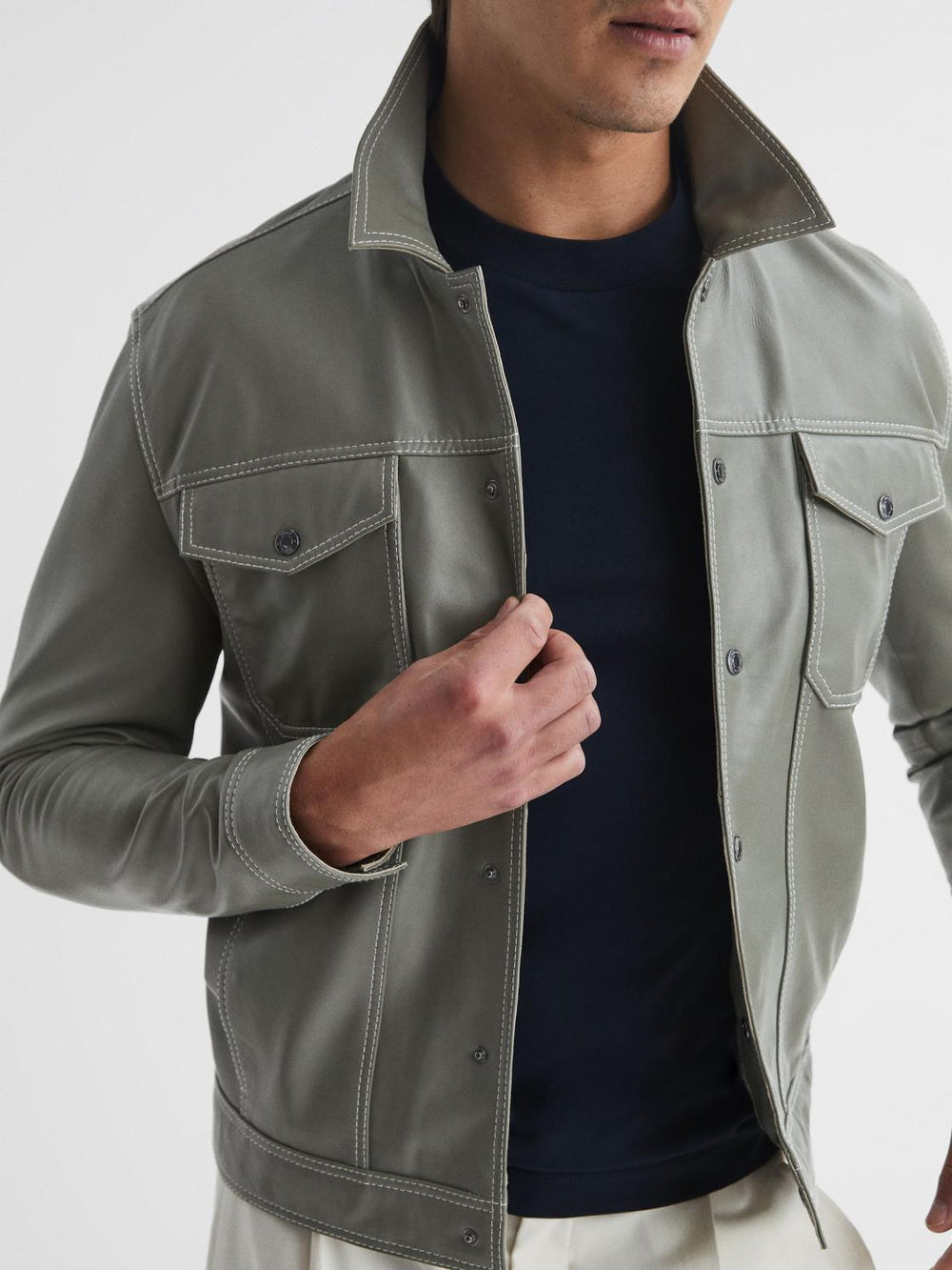 Reiss Coats & Jackets | Gisborne Leather Press Stud Trucker Jacket Sage - Men