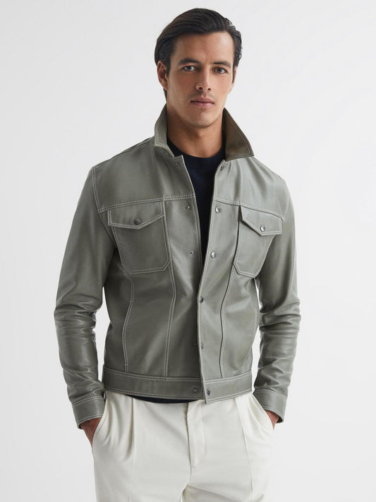 Reiss Coats & Jackets | Gisborne Leather Press Stud Trucker Jacket Sage - Men