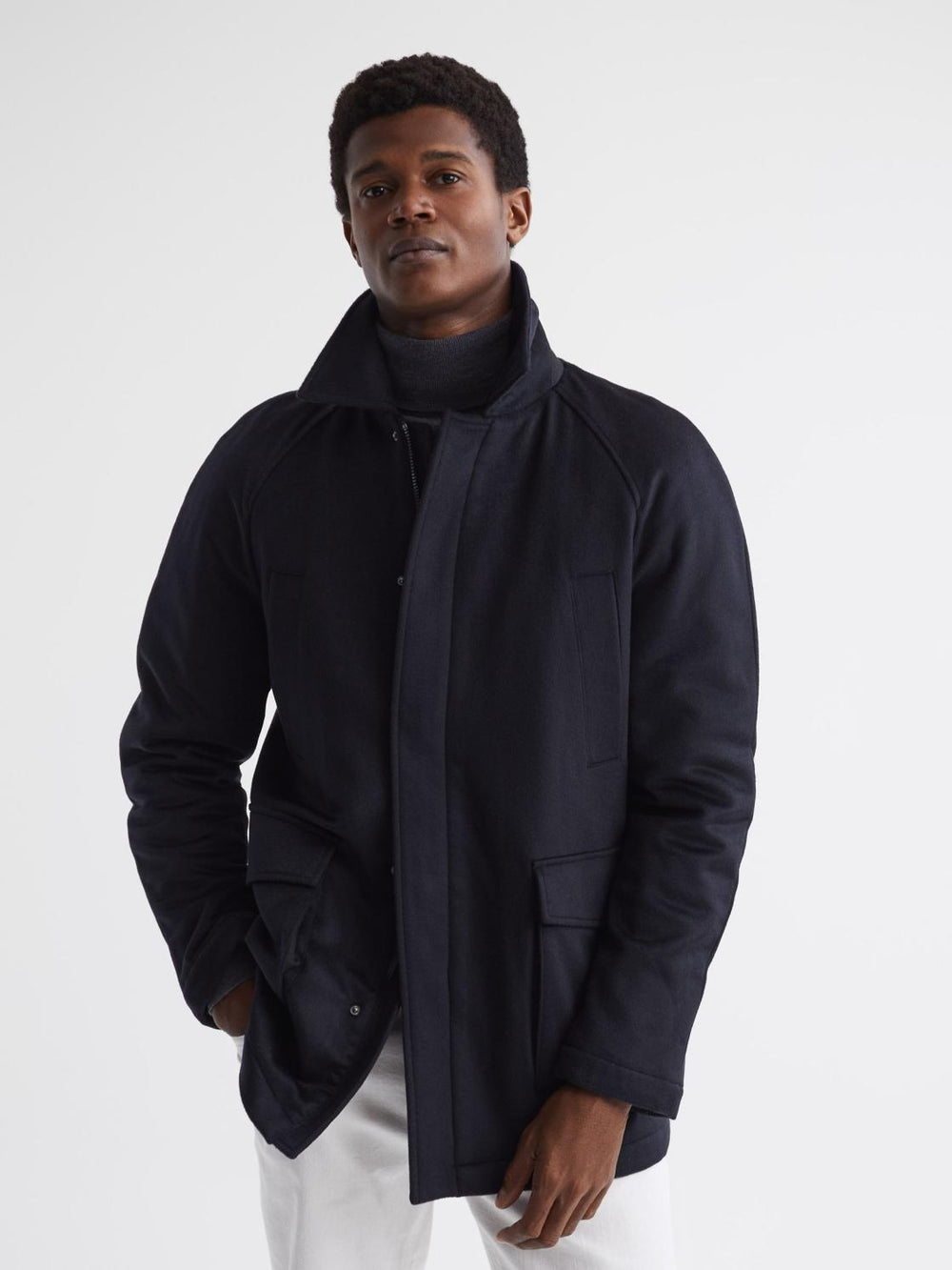 Reiss Coats & Jackets | Mandarin Zip Through Cashmere Coat Navy - Men