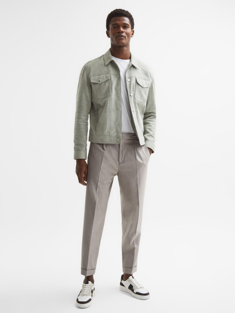 Reiss Coats & Jackets | Noa Suede Button-Through Trucker Jacket Sage - Men