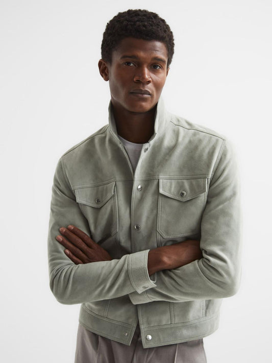 Reiss Coats & Jackets | Noa Suede Button-Through Trucker Jacket Sage - Men