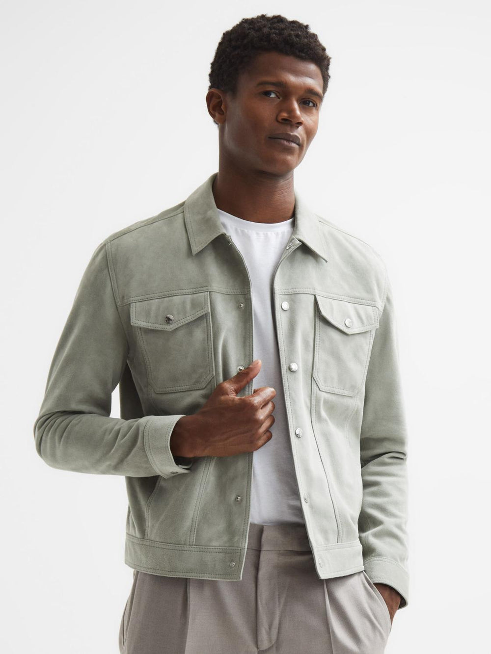 Reiss Coats & Jackets | Noa Suede Button-Through Trucker Jacket Sage - Men