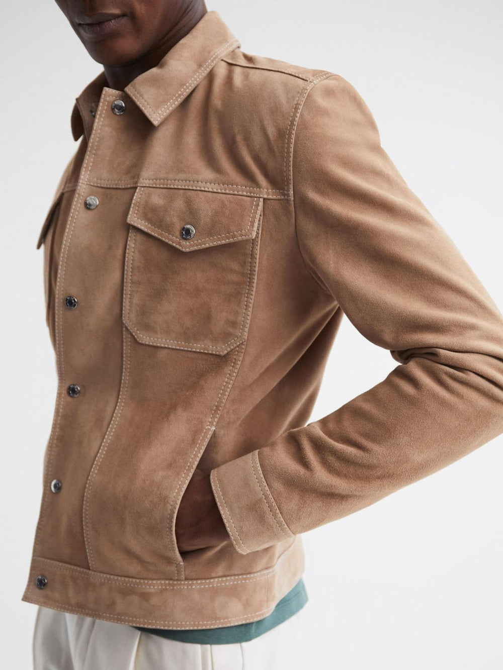 Reiss Coats & Jackets | Noa Suede Button-Through Trucker Jacket Sand - Men