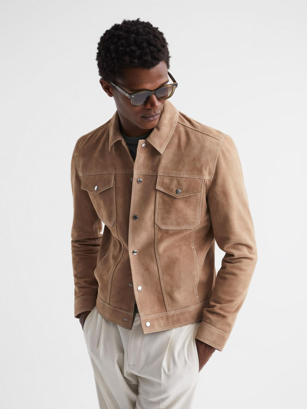 Reiss Coats & Jackets | Noa Suede Button-Through Trucker Jacket Sand - Men
