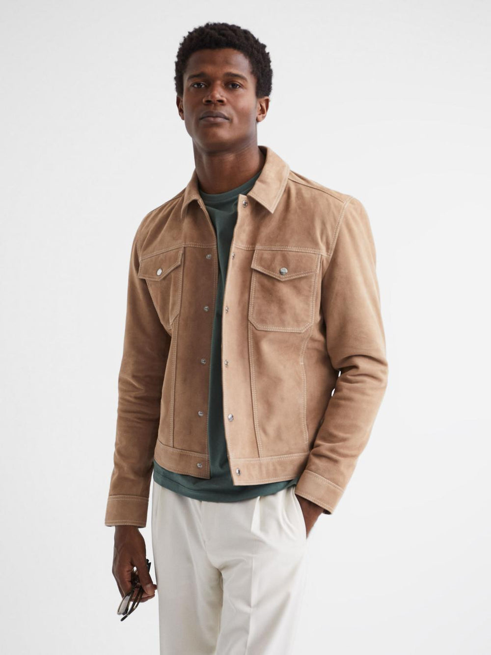 Reiss Coats & Jackets | Noa Suede Button-Through Trucker Jacket Sand - Men