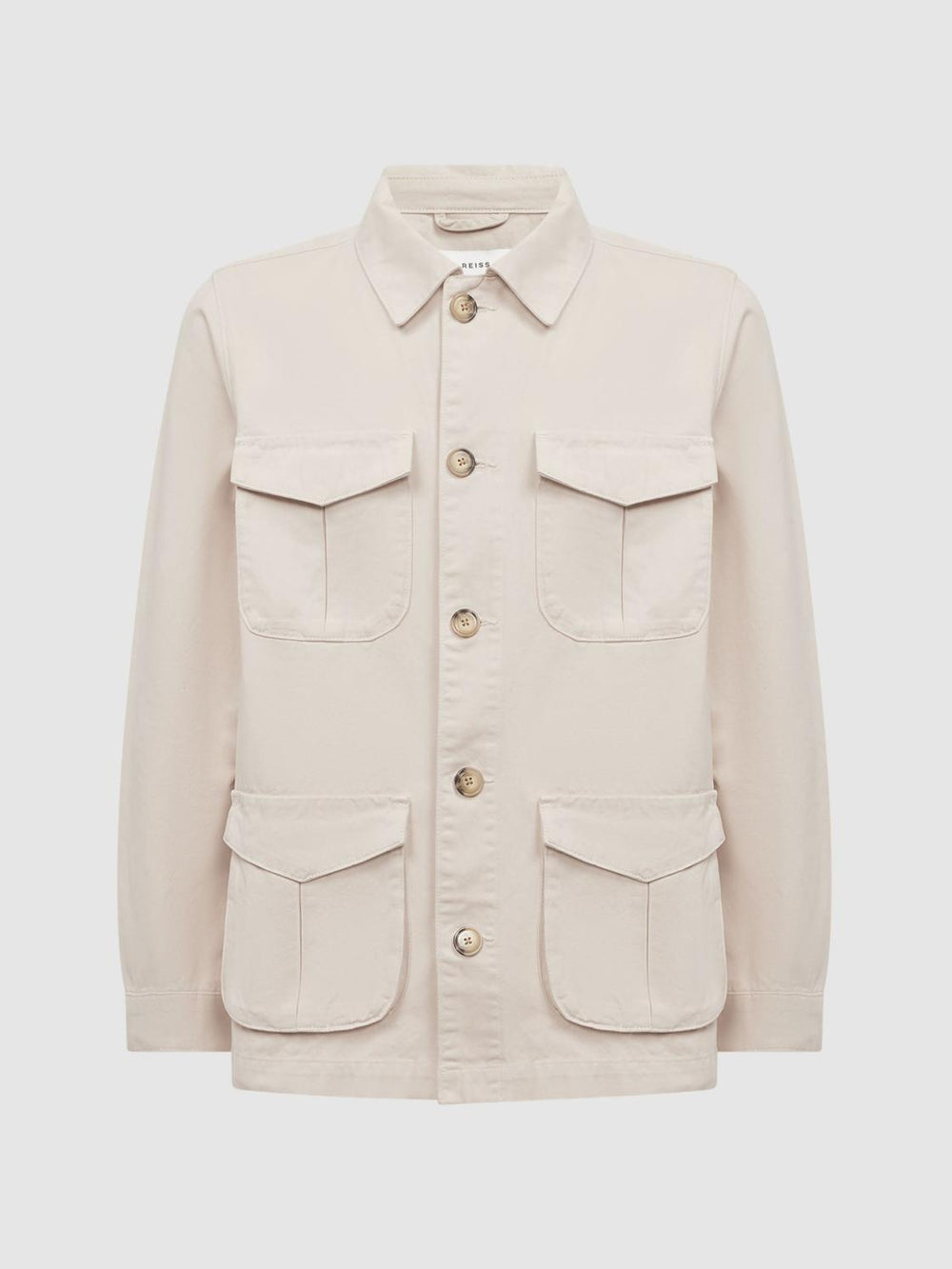 Reiss Coats & Jackets | Normanby Button Through Long Sleeve Cotton Overshirt Ecru - Men