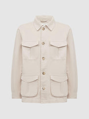 Reiss Coats & Jackets | Normanby Button Through Long Sleeve Cotton Overshirt Ecru - Men