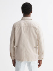 Reiss Coats & Jackets | Normanby Button Through Long Sleeve Cotton Overshirt Ecru - Men