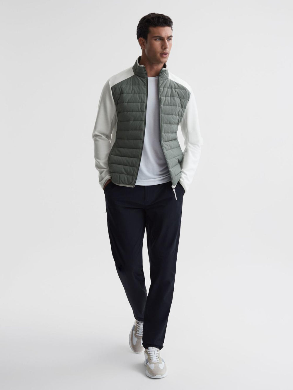 Reiss Coats & Jackets | Player Funnel Neck Hybrid Quilted Jacket Sage/white - Men