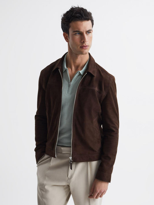 Reiss Coats & Jackets | Riley Suede Zip-Through Jacket Chocolate - Men