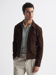 Reiss Coats & Jackets | Riley Suede Zip-Through Jacket Chocolate - Men