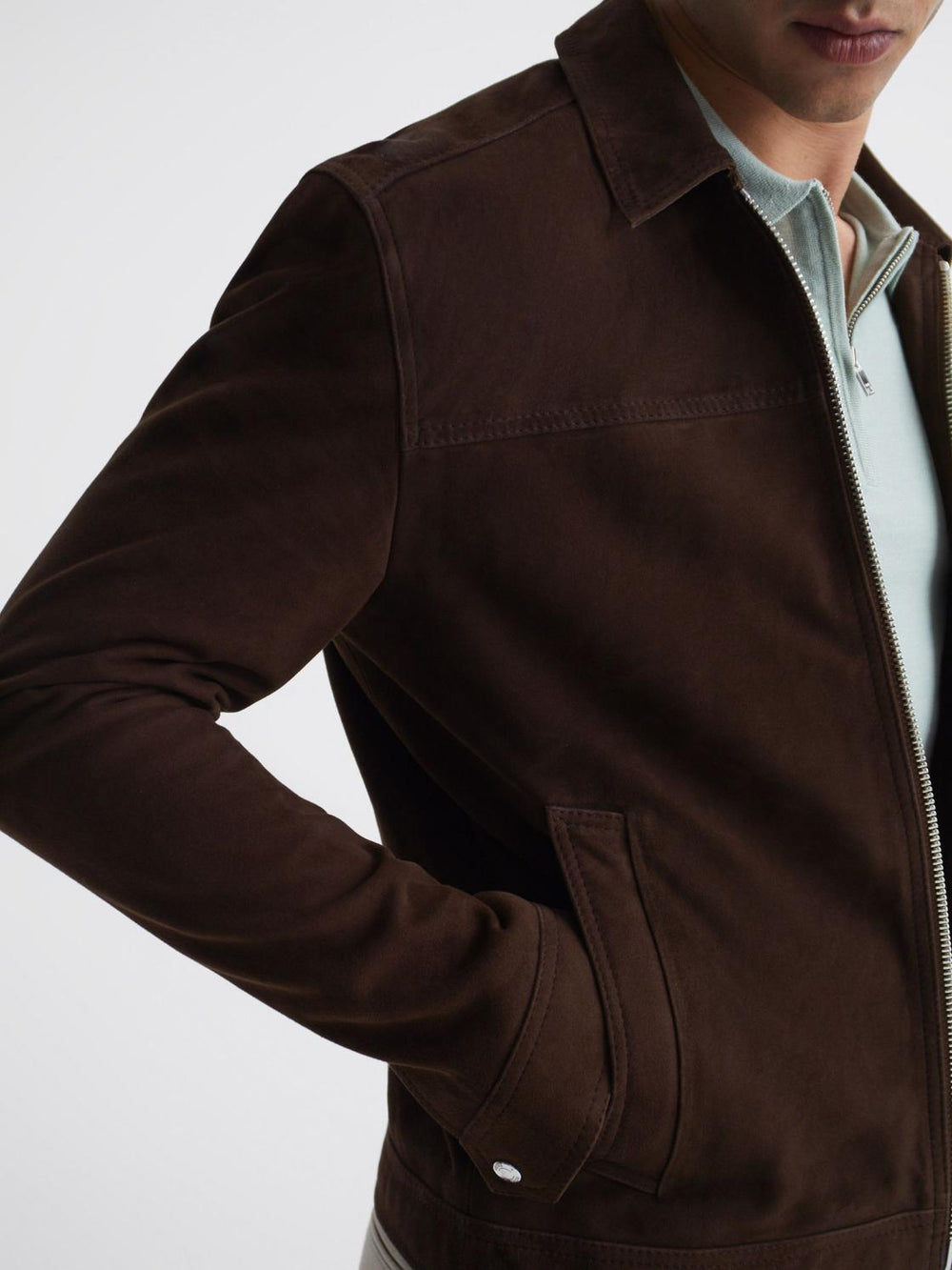 Reiss Coats & Jackets | Riley Suede Zip-Through Jacket Chocolate - Men