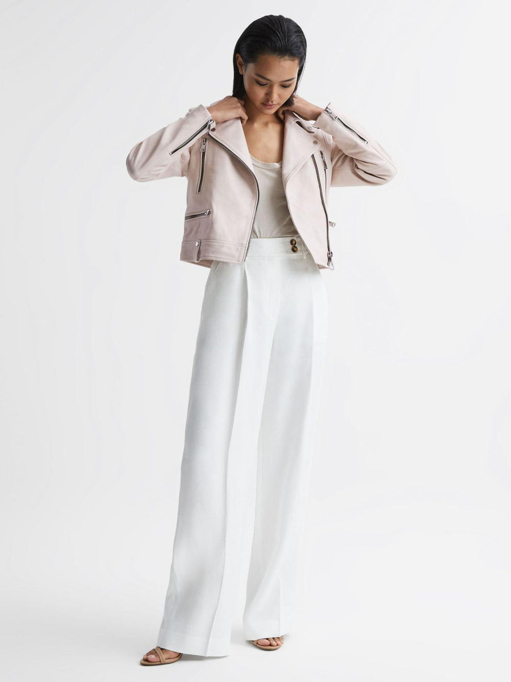 Reiss Coats & Jackets | Santiago Leather Biker Jacket Off White - Women