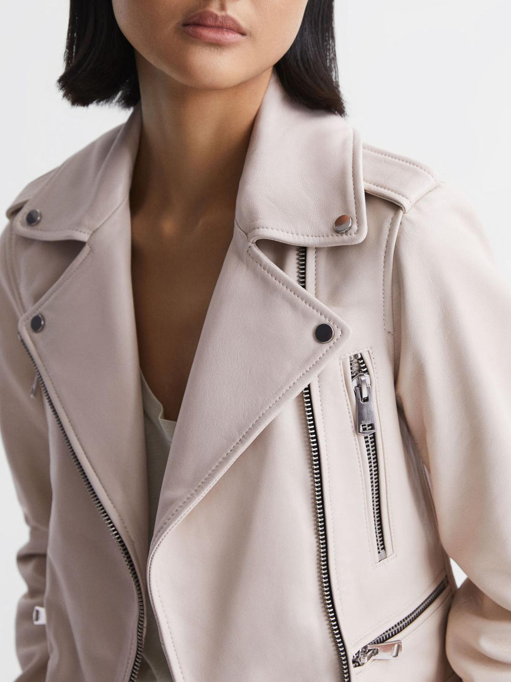 Reiss Coats & Jackets | Santiago Leather Biker Jacket Off White - Women