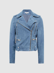 Reiss Coats & Jackets | Santiago Suede Suede Biker Jacket Blue - Women