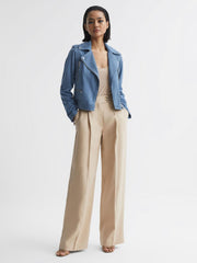 Reiss Coats & Jackets | Santiago Suede Suede Biker Jacket Blue - Women