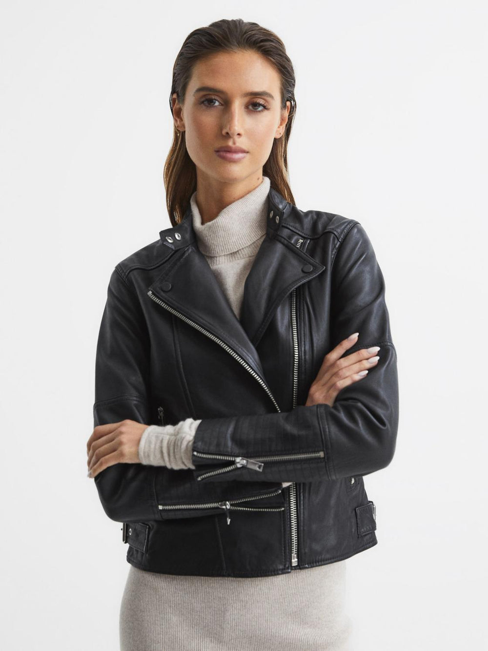 Reiss Coats & Jackets | Tallis Leather Biker Jacket Black - Women