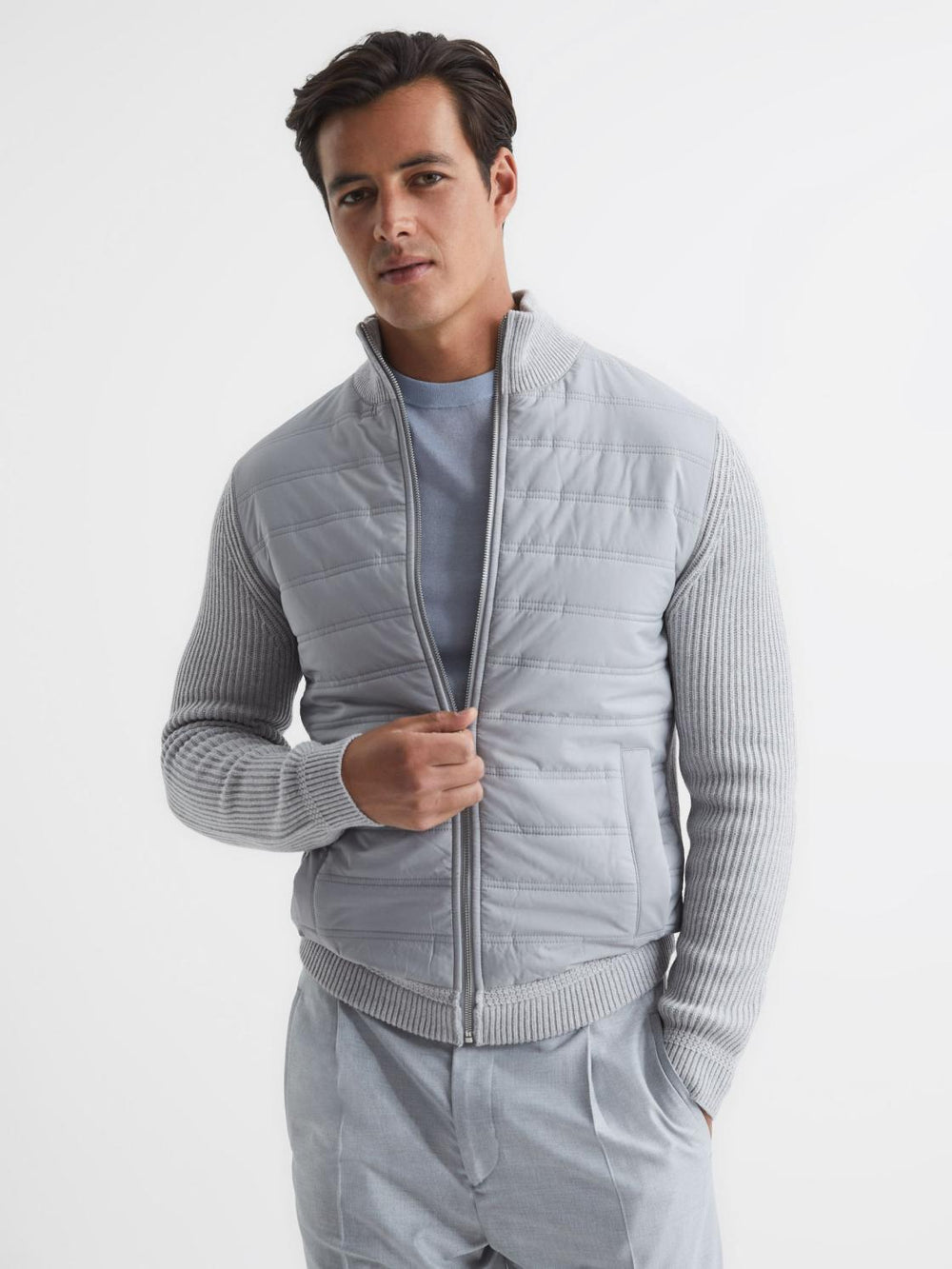 Reiss Coats & Jackets | Trainer Hybrid Zip Through Quilted Jumper Soft Grey - Men