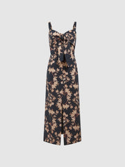 Reiss Dresses | Aleen Floral Print Linen Midi Dress Black/blush - Women