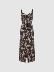 Reiss Dresses | Aleen Floral Print Linen Midi Dress Black/blush - Women