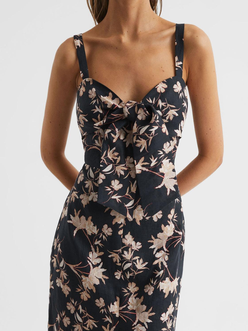Reiss Dresses | Aleen Floral Print Linen Midi Dress Black/blush - Women