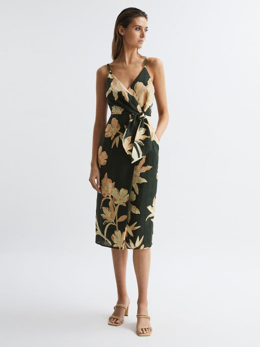 Reiss Dresses | Alice Fitted Floral Print Midi Dress Khaki - Women