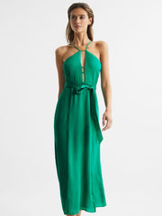 Reiss Dresses | Arianna Halter Neck Belted Midi Dress Green - Women