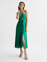 Reiss Dresses | Arianna Halter Neck Belted Midi Dress Green - Women