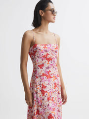 Reiss Dresses | Bonnie Floral Print Fitted Midi Dress Pink Print - Women