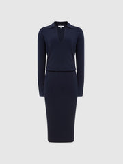 Reiss Dresses | Elaina Rib-Knitted Midi Dress Navy - Women