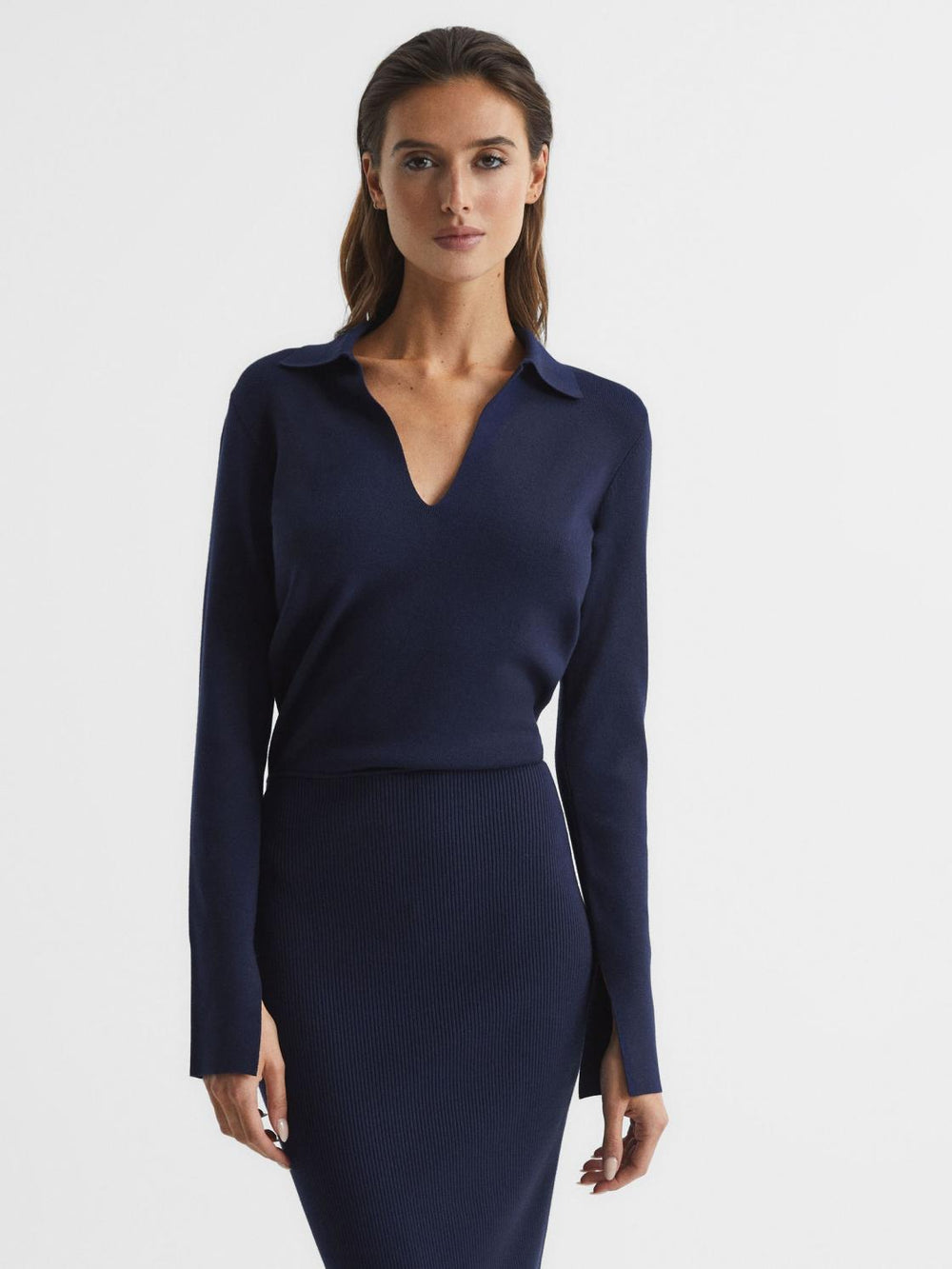 Reiss Dresses | Elaina Rib-Knitted Midi Dress Navy - Women