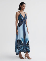 Reiss Dresses | Emerson Printed V-Neck Maxi Dress Blue - Women