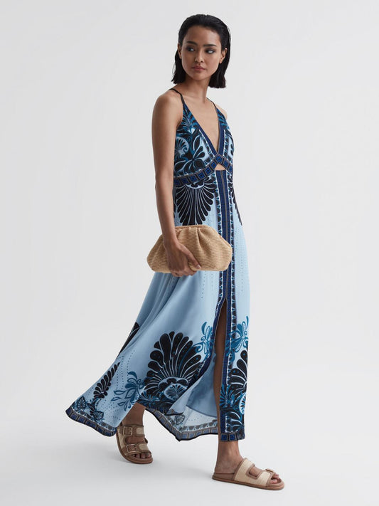 Reiss Dresses | Emerson Printed V-Neck Maxi Dress Blue - Women