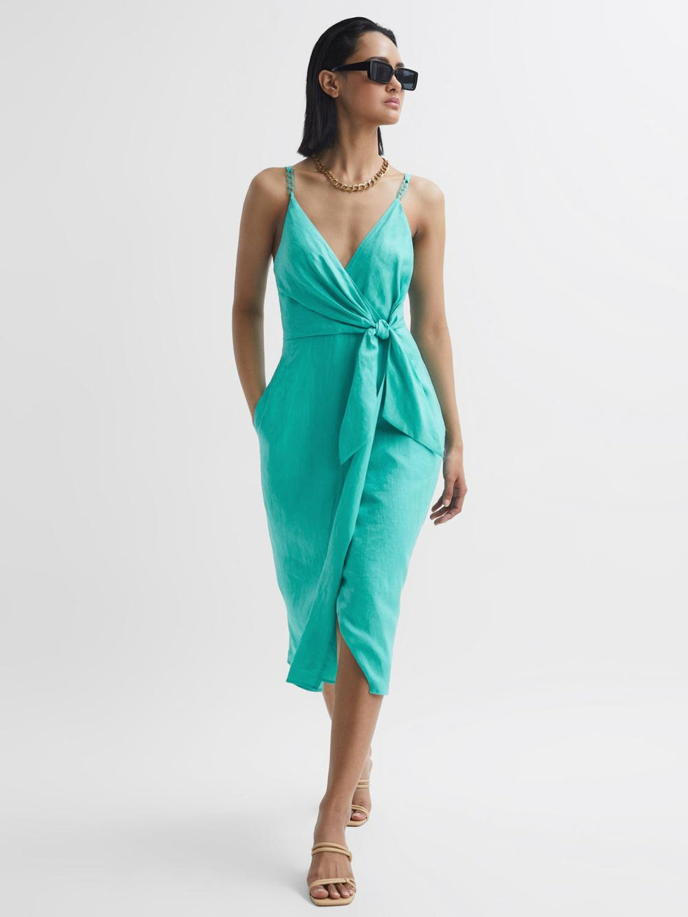 Reiss Dresses | Esme Linen Side Tie Midi Dress Aqua - Women
