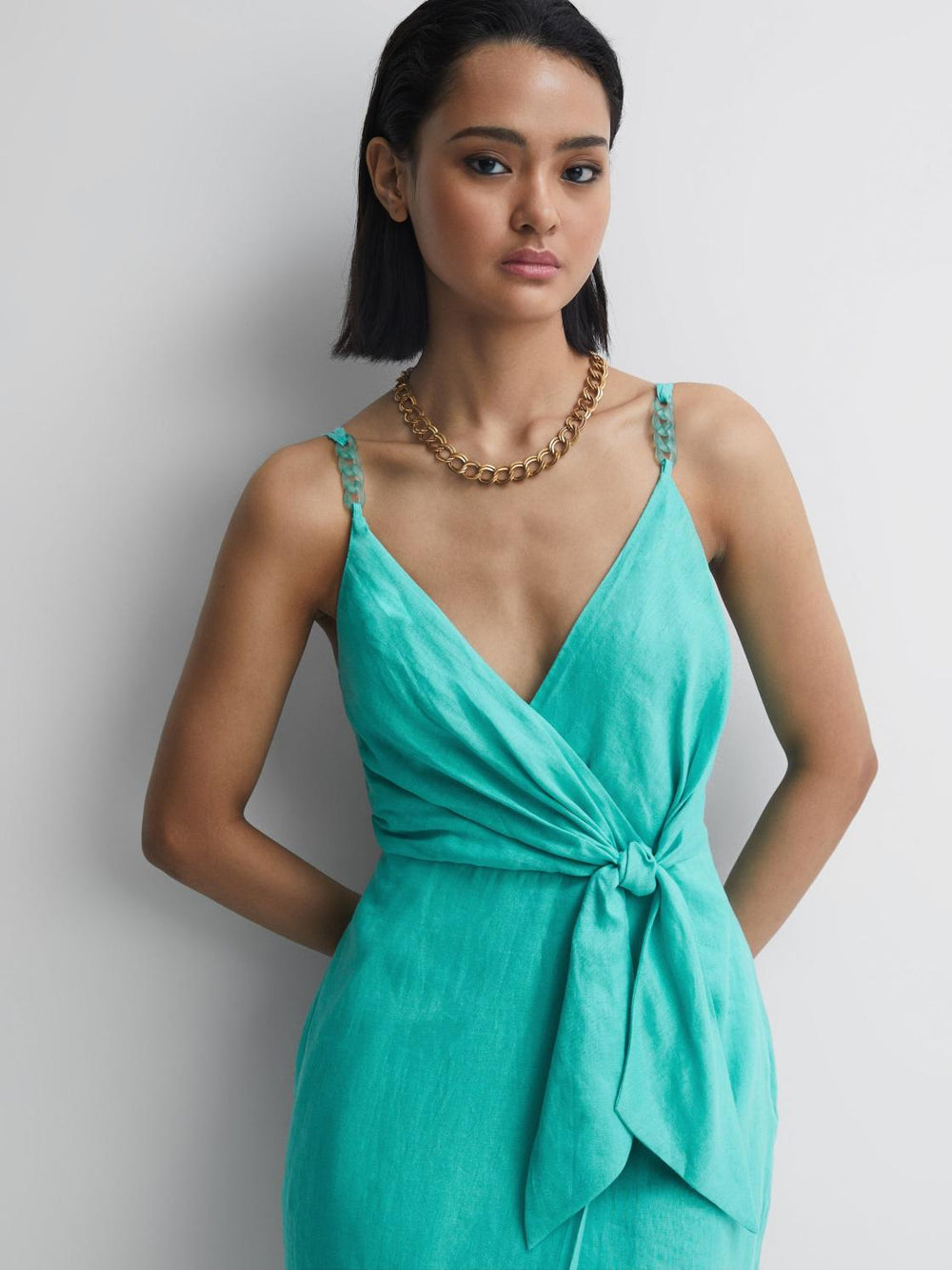Reiss Dresses | Esme Linen Side Tie Midi Dress Aqua - Women