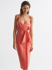 Reiss Dresses | Esme Linen Side Tie Midi Dress Coral - Women